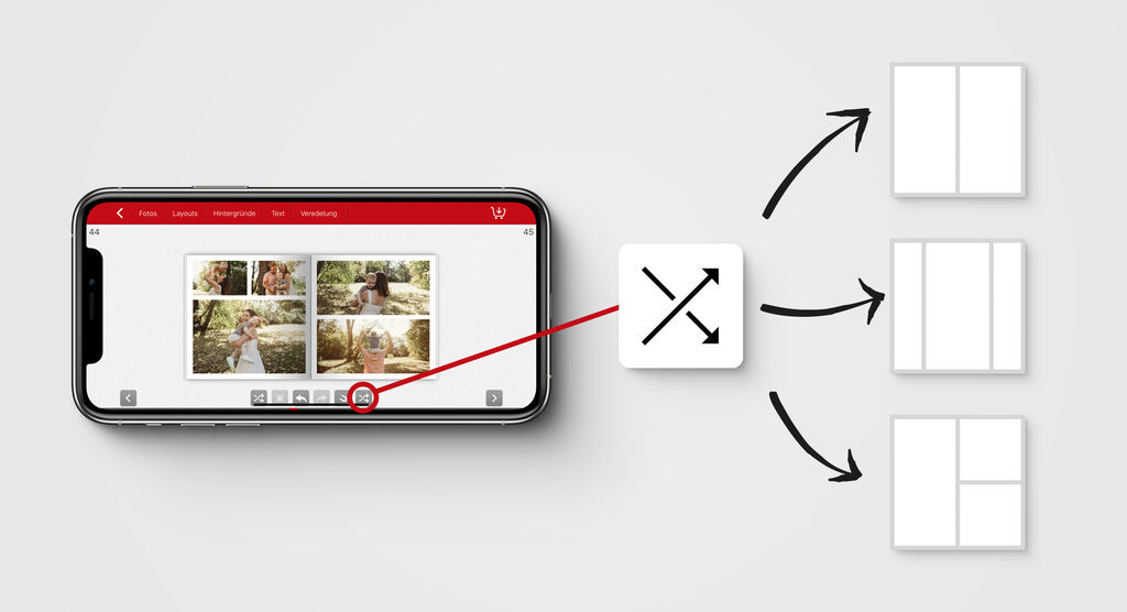 Illustration av en smartphone som visar olika layouter för en CEWE fotobok.