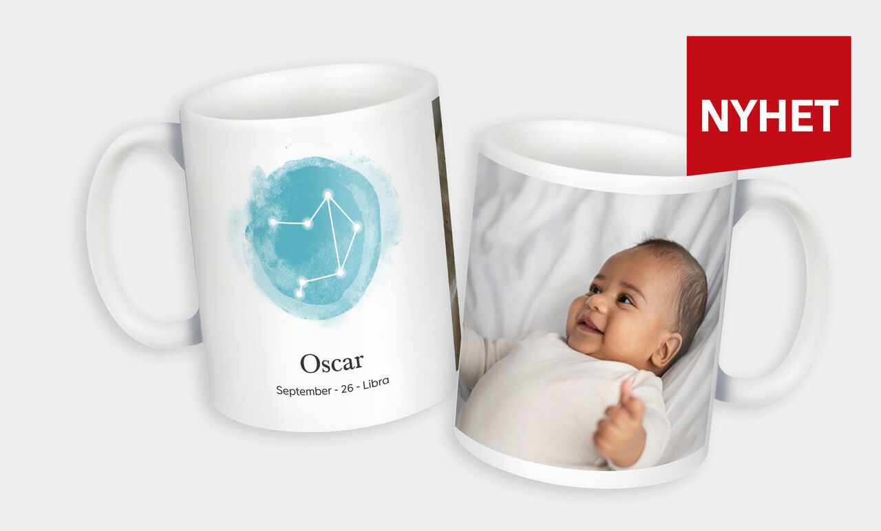 En personlig mugg med namnet Oscar och ett inspirerande stjärnteckenmotiv.