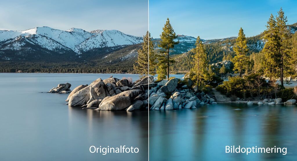Jämförelse av två landskapsbilder med sjö, berg och träd för bildoptimering.