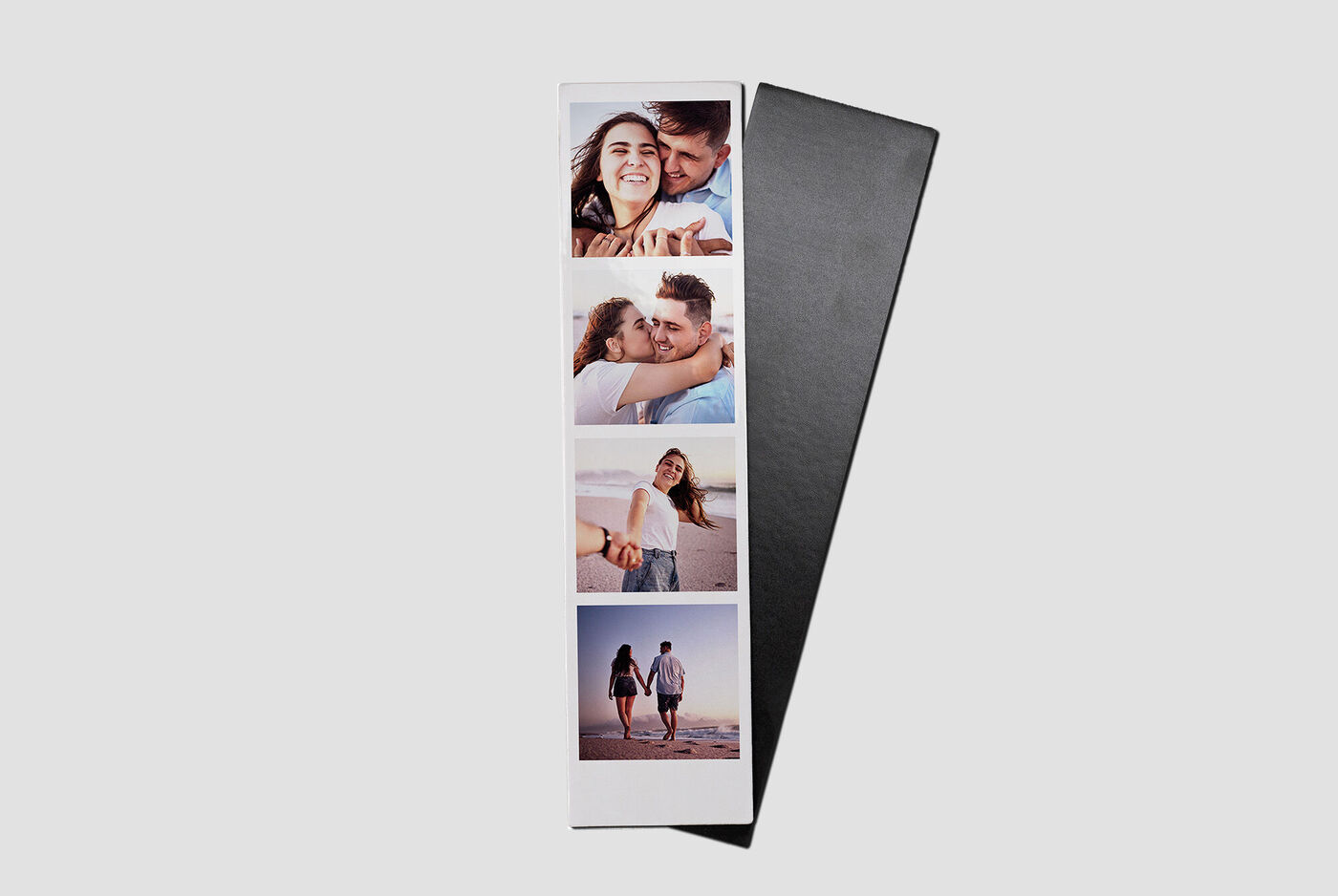 Två bilder av kärlekspar och ett foto av två personer på stranden, presentation i modern design med röd banner 'Ny'.