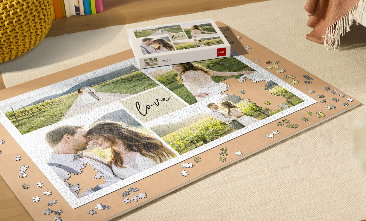 En kreativ fotokollage med titeln 'love'. Den visar lyckliga stunder av ett par i en naturlig miljö.