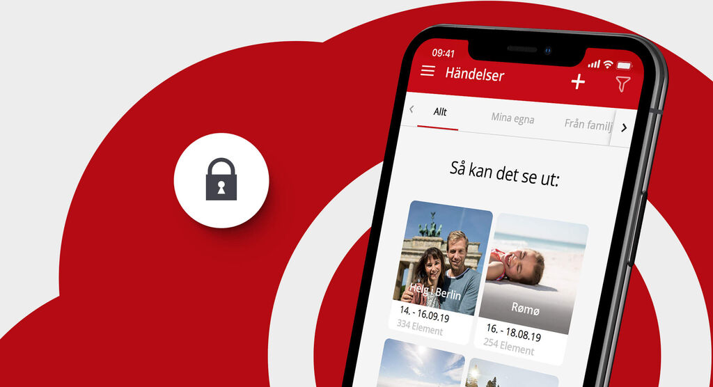 Smartphone-skärm visar en app med skyddade foton, röd bakgrund