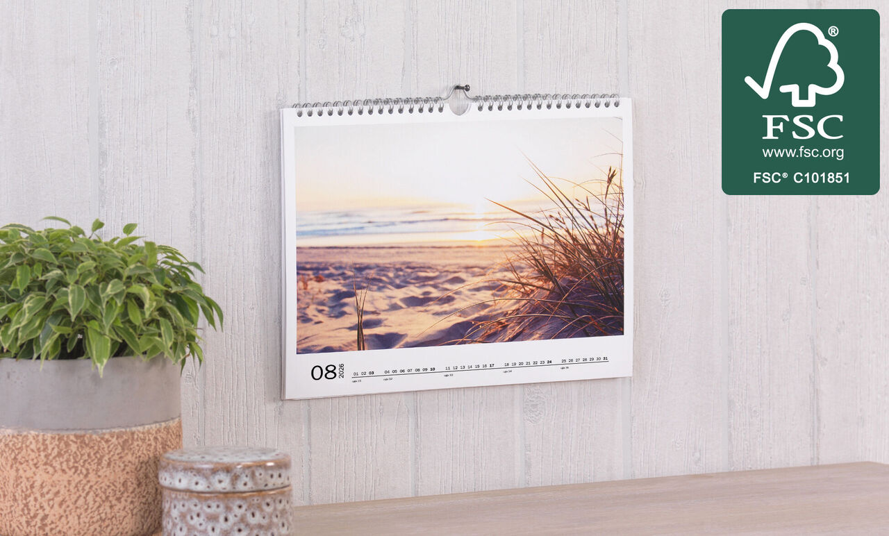 En vacker väggkalender med en solnedgång över en strand i augusti. En grön växt står bredvid.