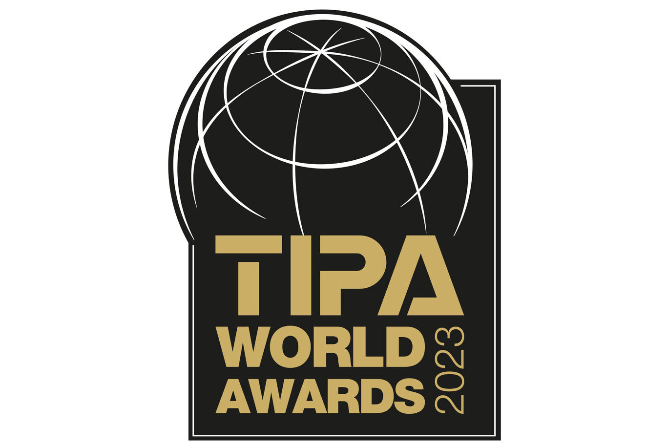 Logotyp för TIPA World Awards 2023, stiliserad glob med gyllene inskrift.