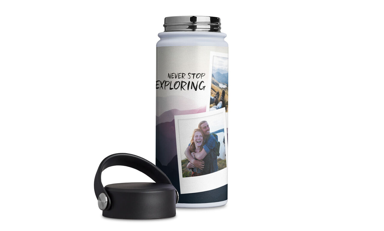 En personlig drickflaska med foto och texten 'Never Stop Exploring'