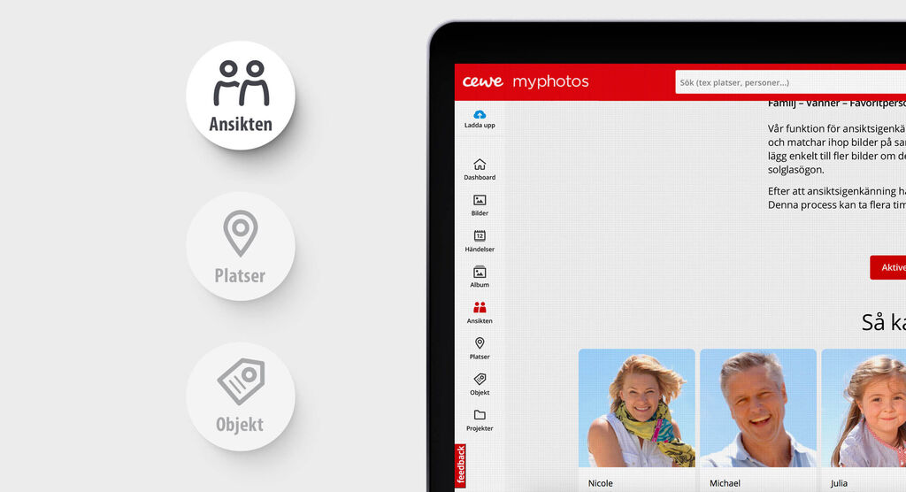 Visning av CEWE myphotos användargränssnitt med symboler för vyer, platser och objekt.