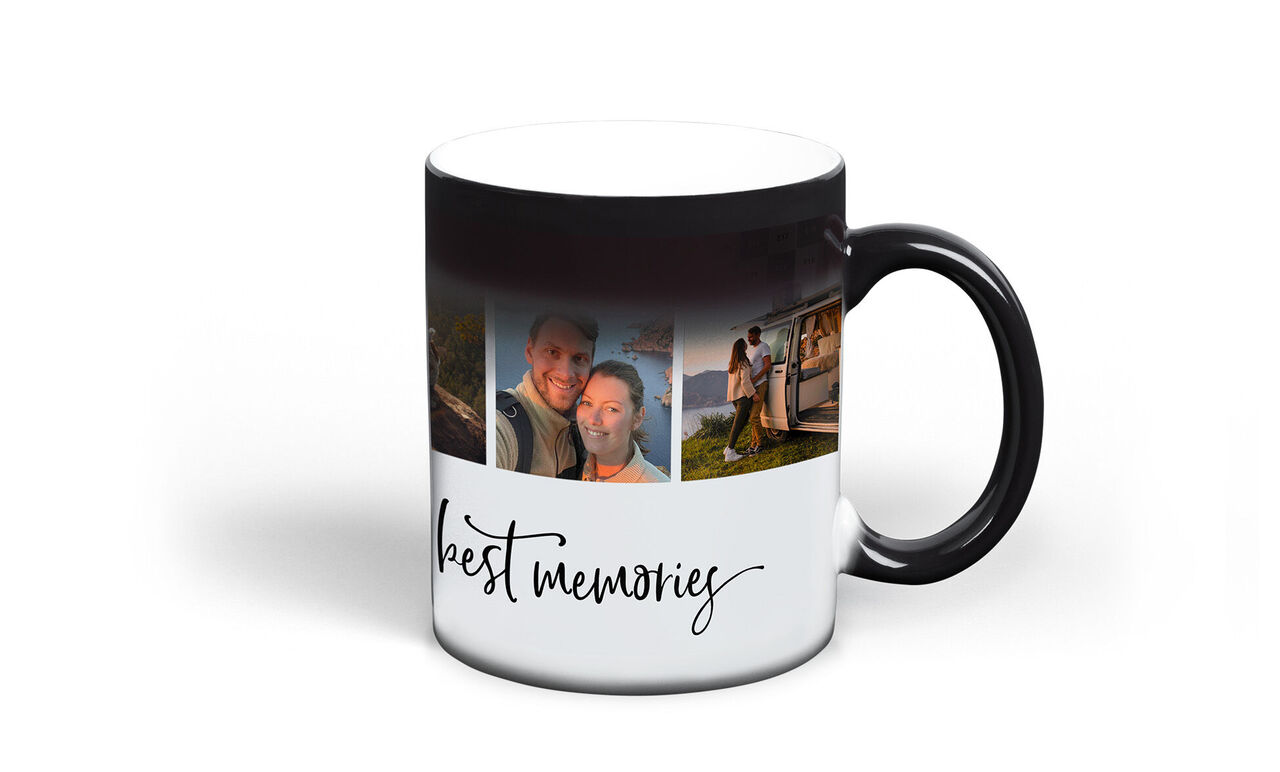 Svart mugg med foton och texten "bästa minnen"