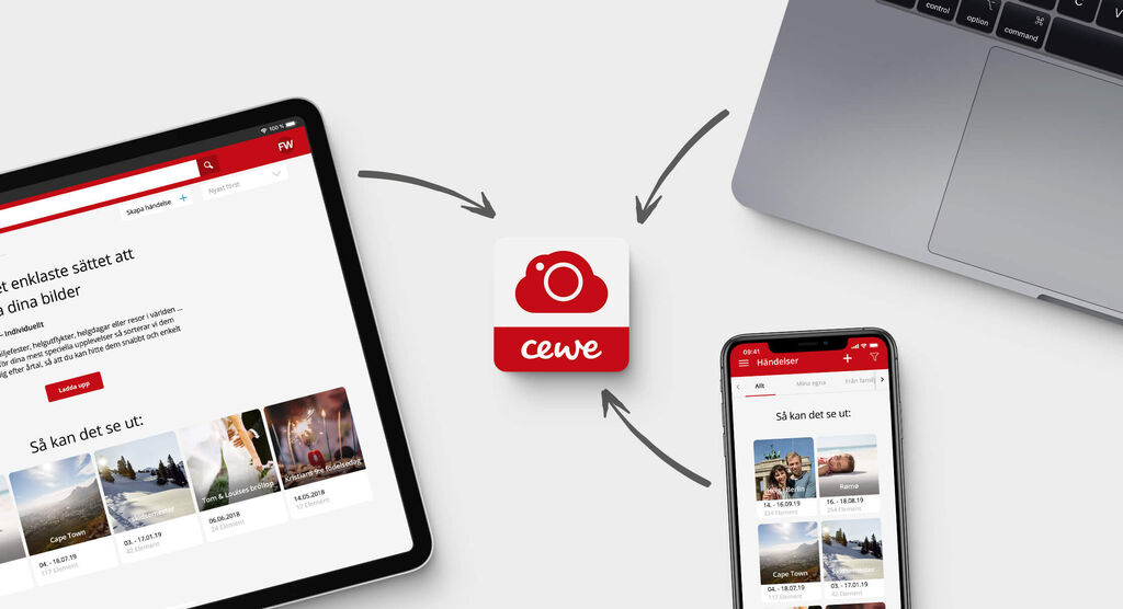 CEWE-app på tablet och smartphone, visar bilder, tydlig användargränssnitt.