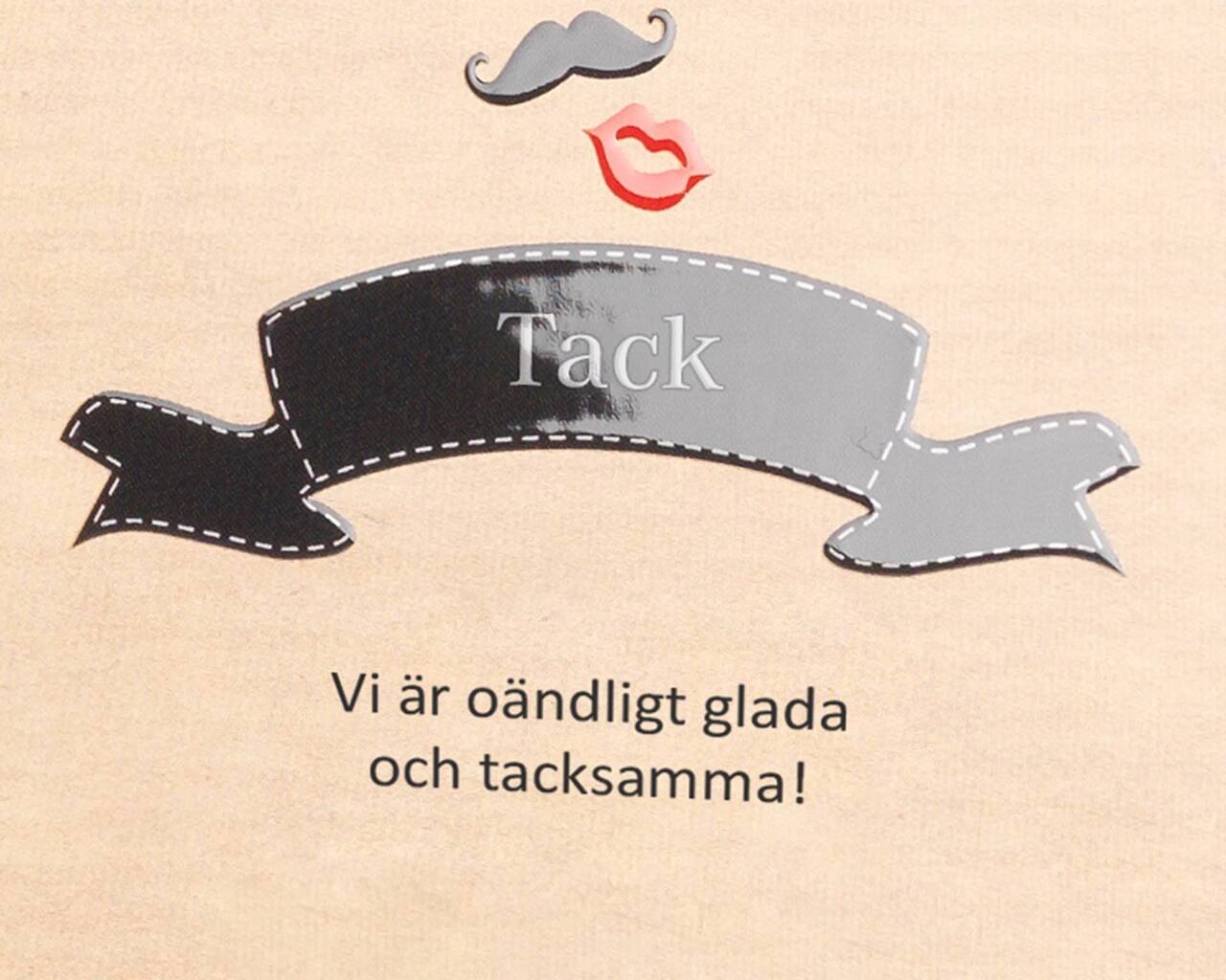 Stilfullt tack-design på krämfärgad bakgrund. Ett svart banderoll med ordet 'Tack' och lekfulla symboler.