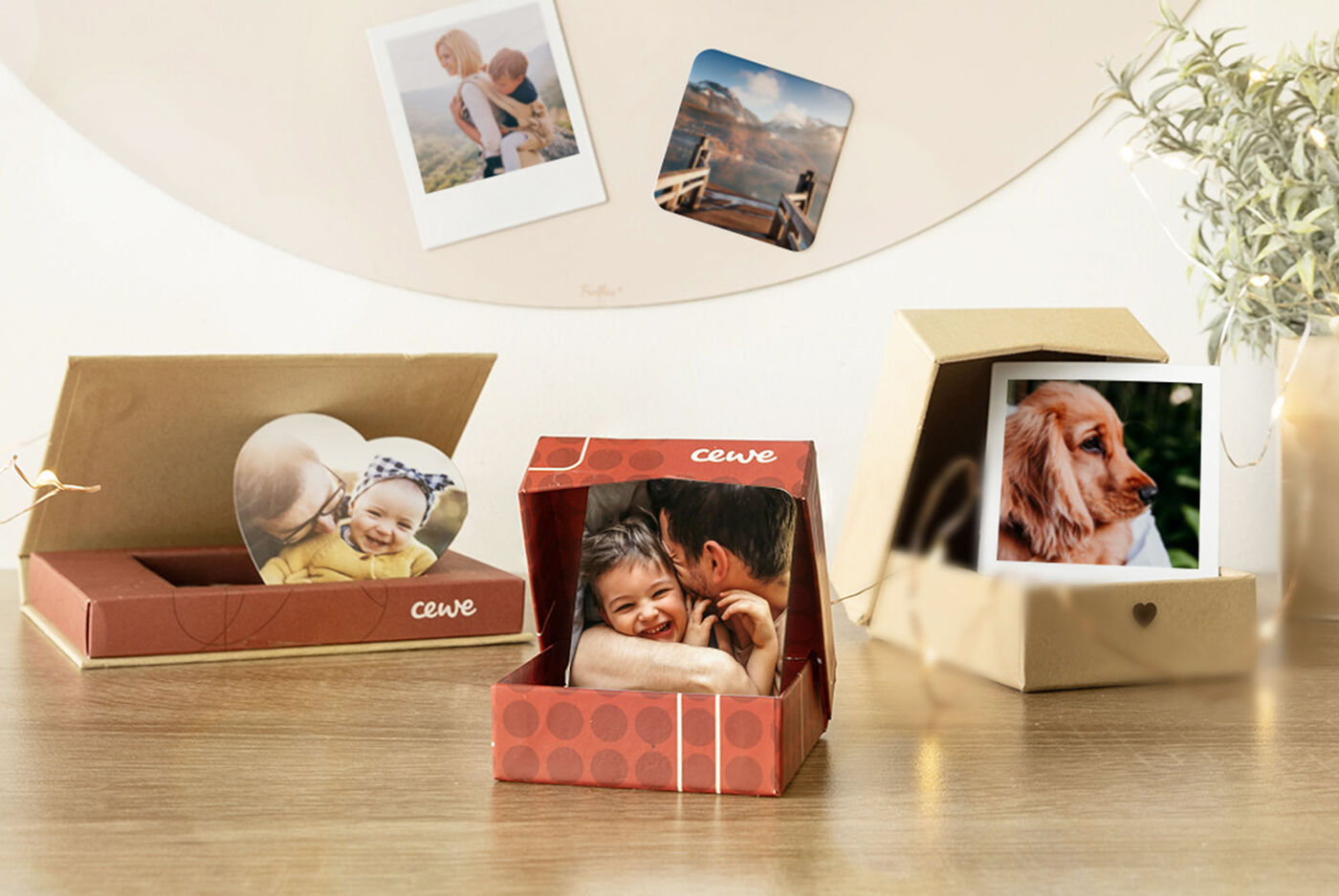 Tre kärleksfullt designade fotogåvor med bilder som visar speciella minnen på ett träbord.