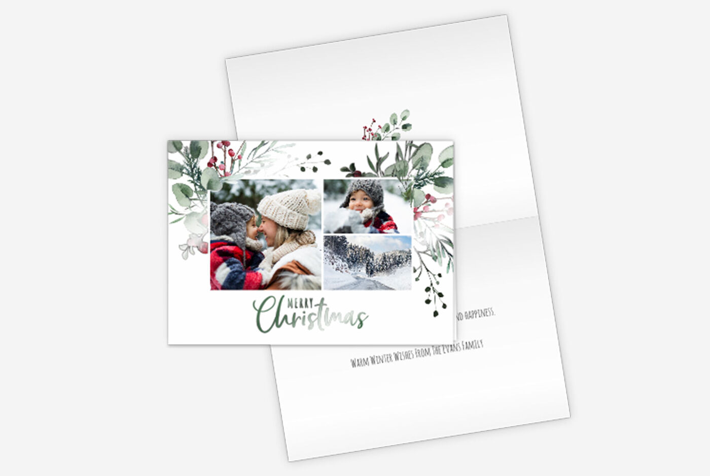 Ett festligt hälsningskort med julmotiv och bilder av ett par i vintrig miljö.